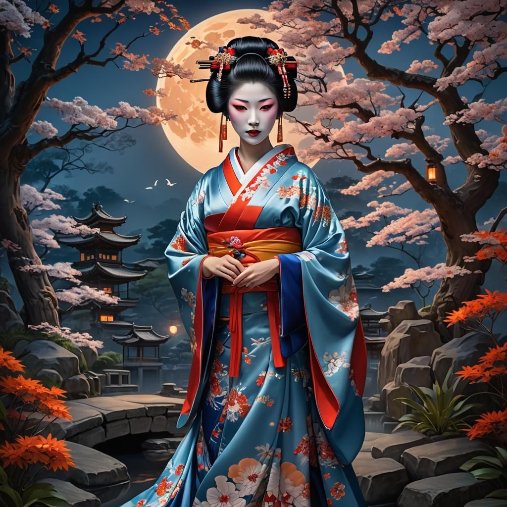 Fantasy Geisha Portrait in Japanese Garden, Neoclassical Sty...