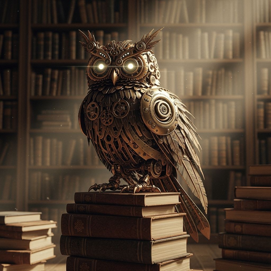 Steampunk Robot Owl in Library, Cinematic Art