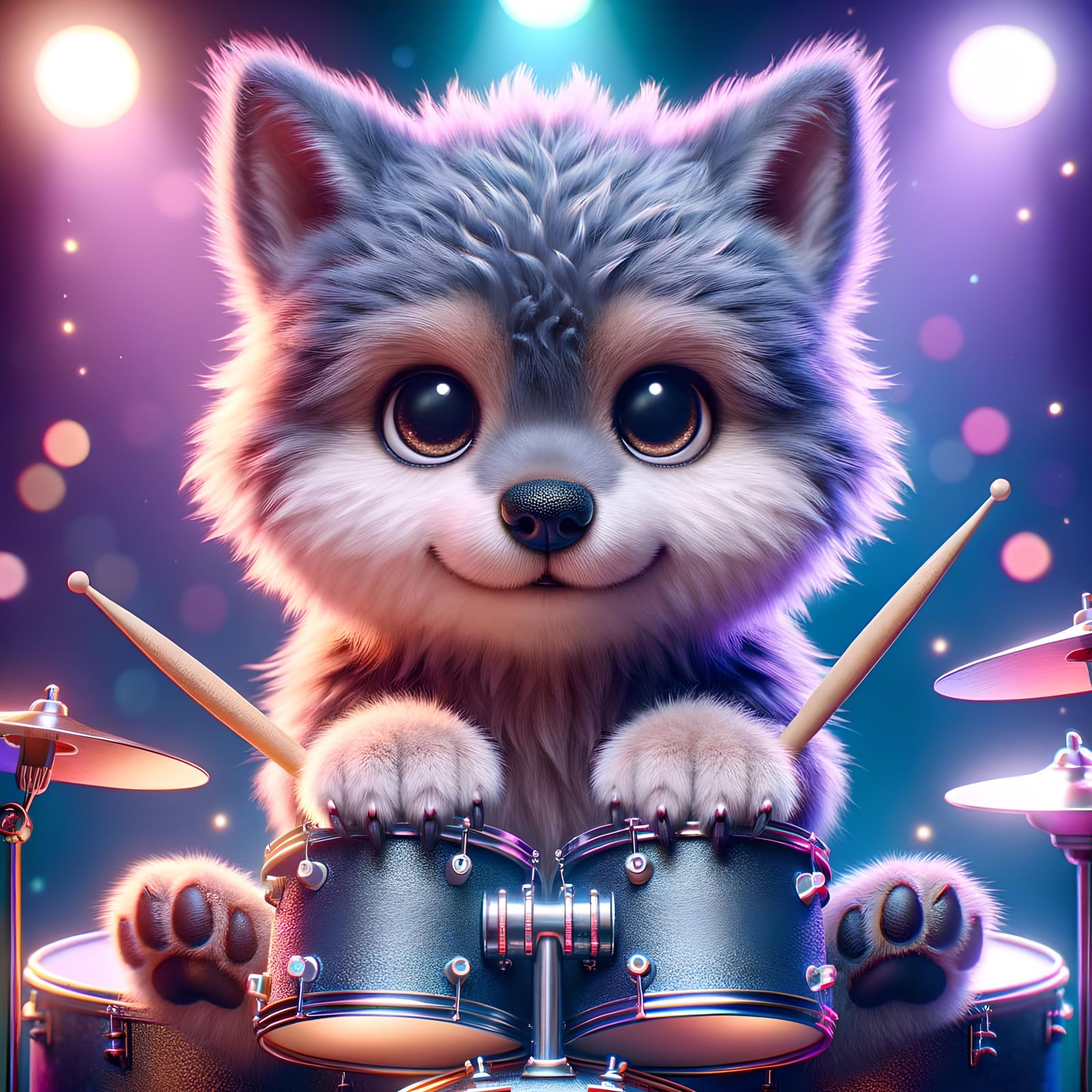 Chibi Wolf Drummer in Hyper-Realistic Digital Art