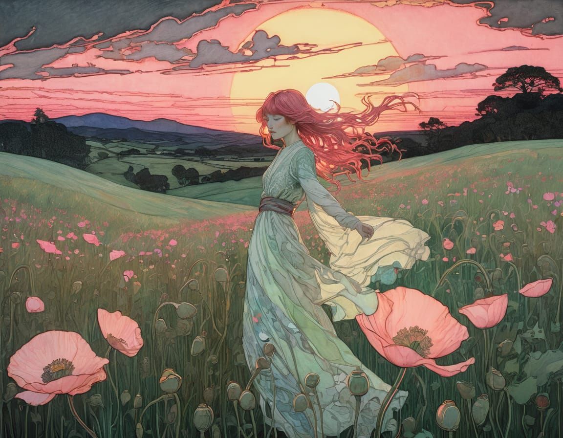 Pink Poppies: Portrait in Organic Line Drawing Style