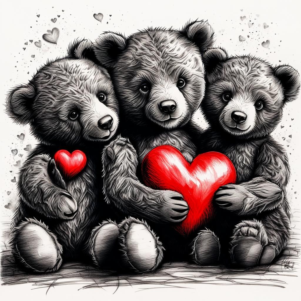 Charcoal Drawing of Teddy Bears with Heart
