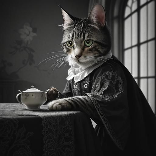 Housewife Cooking, Talking, and Feeding Cat