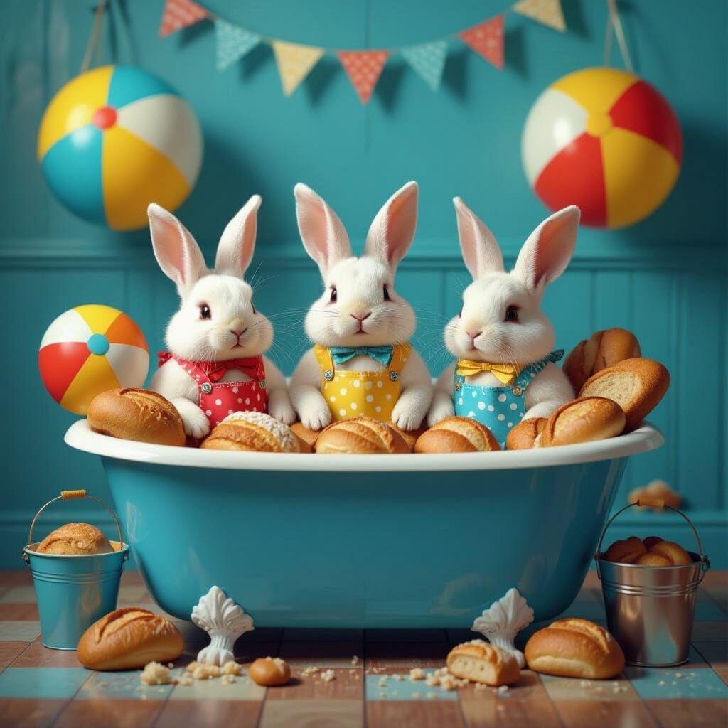 Bunnies in Bathtub Filled with Bread, Fantastical Realism