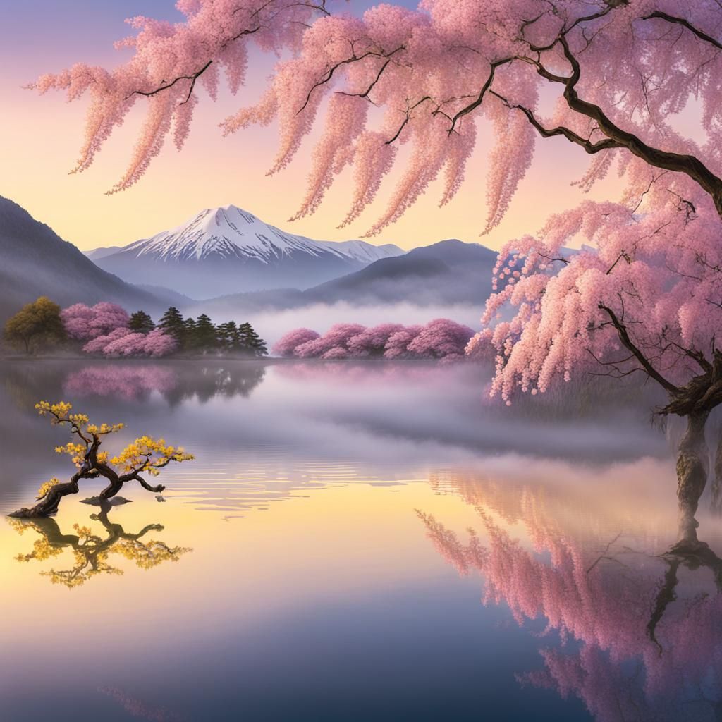 Misty Lake Reflecting Sakura Cherry Blossoms at Sunrise