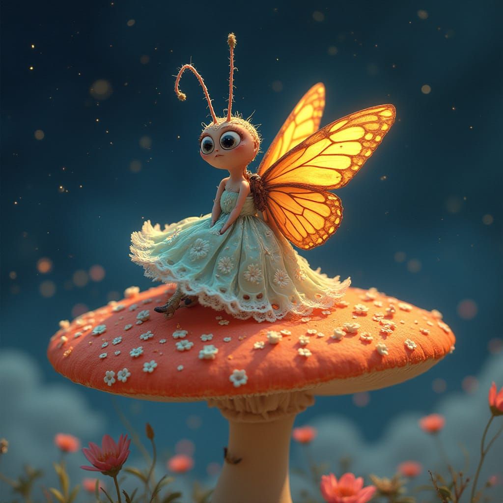 Puzzled Butterfly on Glowing Mushroom