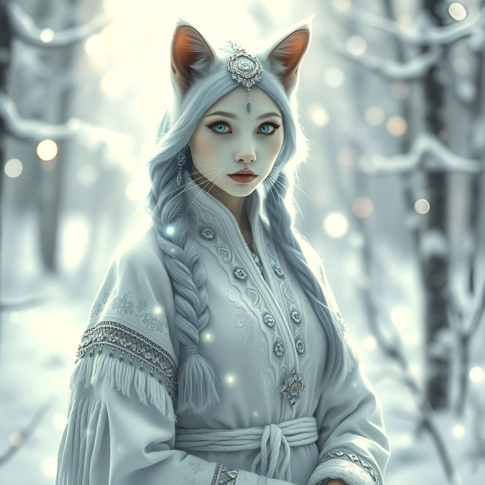 Mystic Woman Cat Hybrid in Snowy Arctic Environment