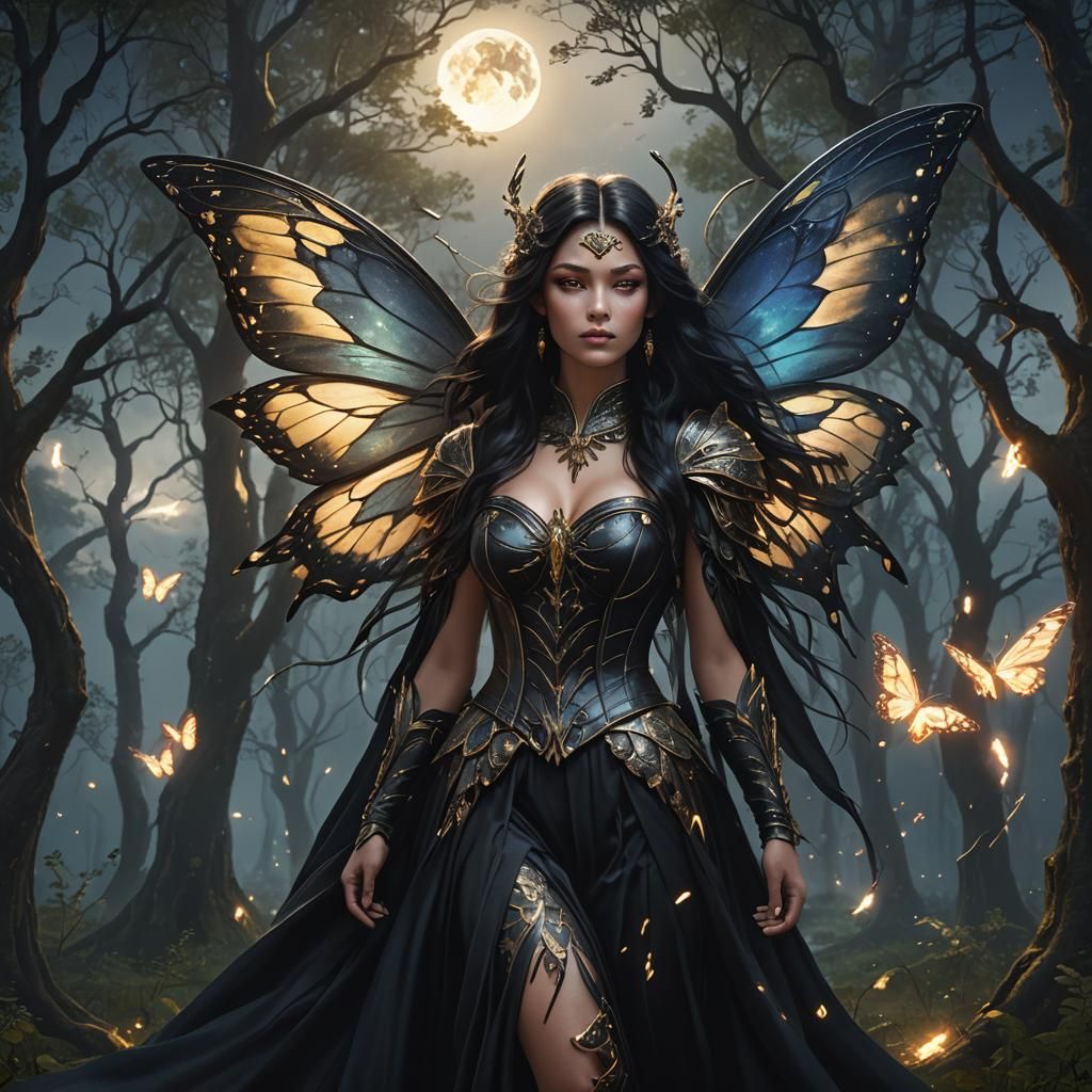 Fairy Goddess with Butterfly Wings in Forest Clearing