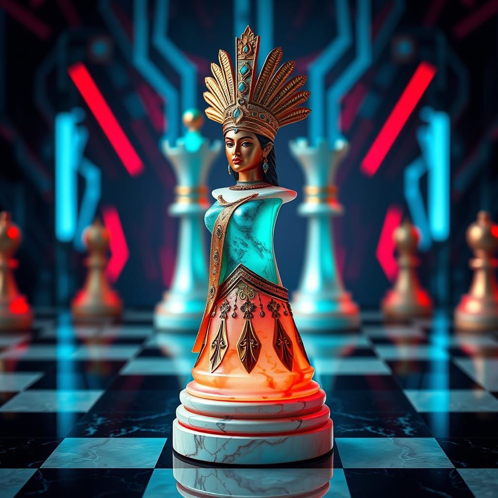 Cyberpunk Indian Queen Chess Piece on Marble Board