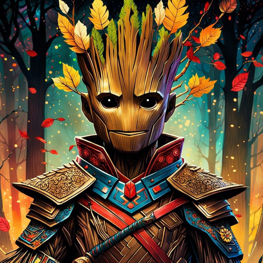 Groot Samurai in Watercolor with Golden Outlines