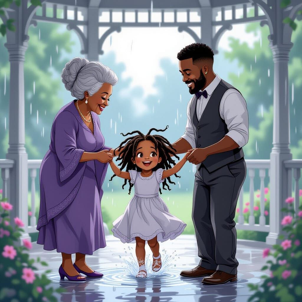 Paint a breathtaking digital scene of two obsidian-toned grandparents watching fom a gazebo,  their five-year-old grandd...