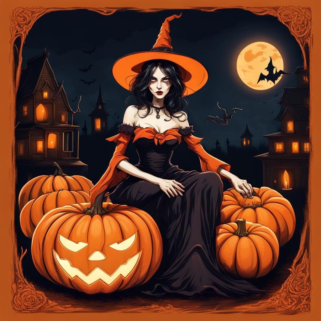 Halloween Witch on Pumpkin with Carved Jack-o'-Lanterns