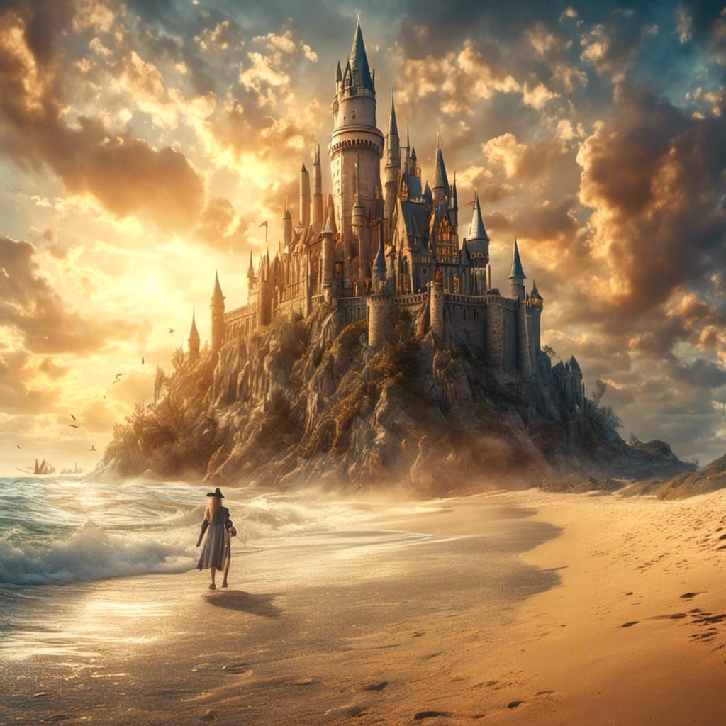 Magical Hogwarts Sandcastle on Sunny Beach