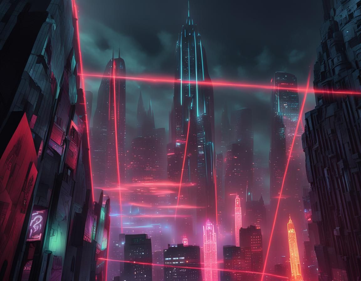 Gothic Skyscraper in Noir Futuristic Cityscape