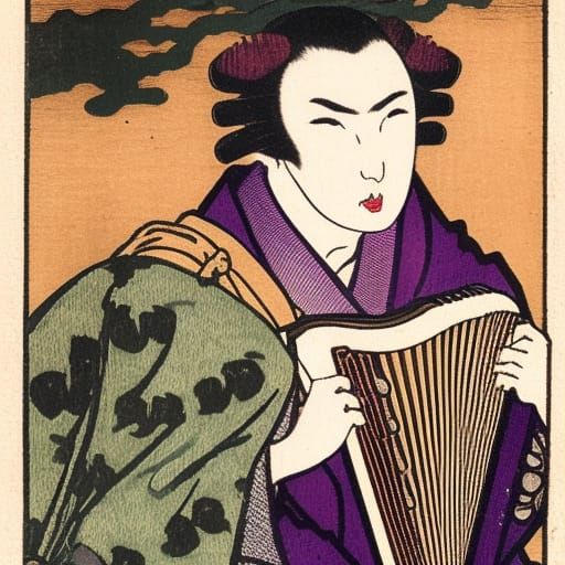 Vampire Accordionist in Pre-Raphaelite Hokusai Style