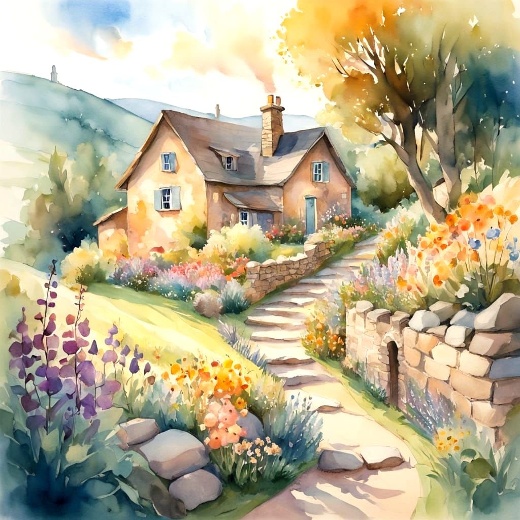 Cozy Watercolor Cottage with Blooming Flowers