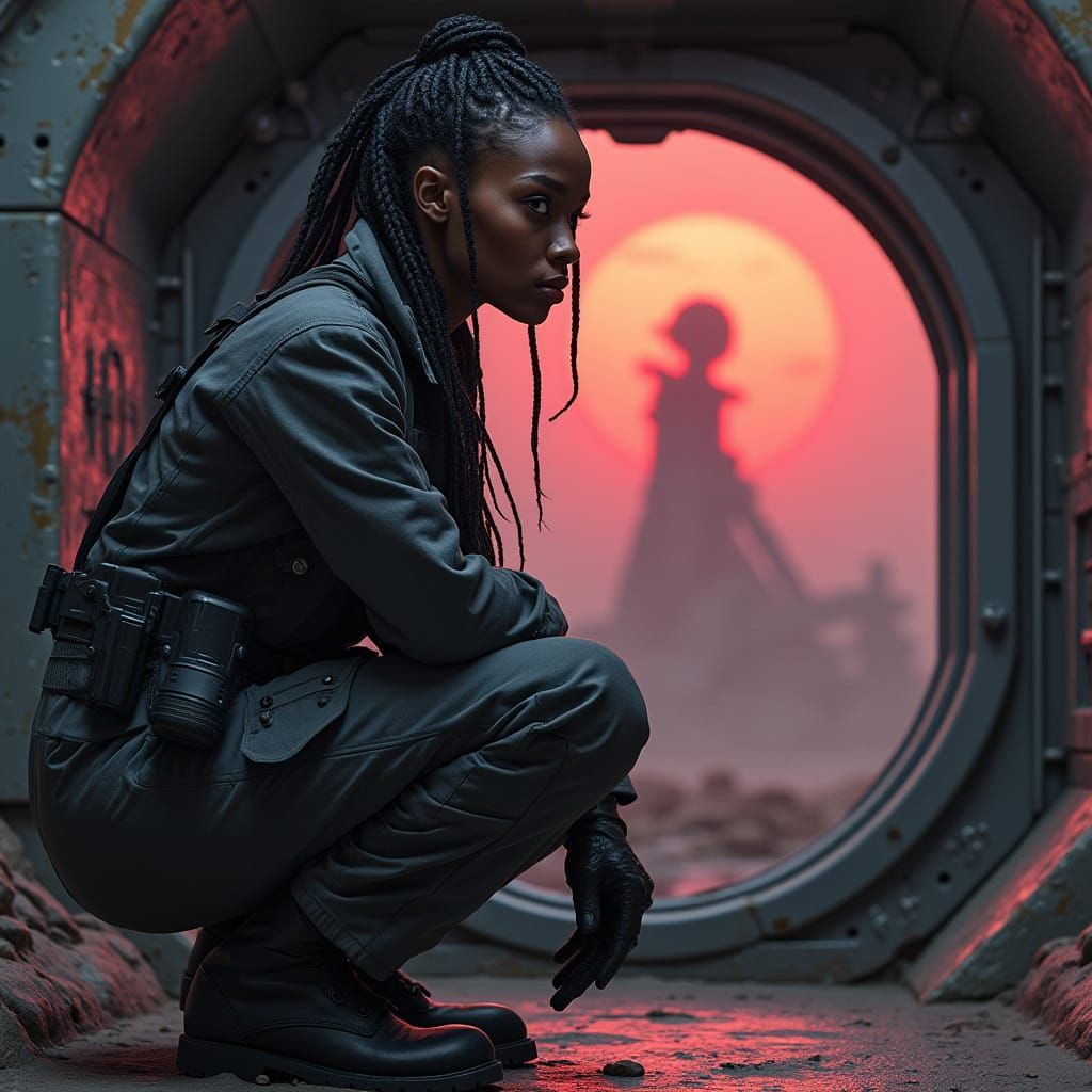 African American Woman in Starship Corridor with Alien Threa...