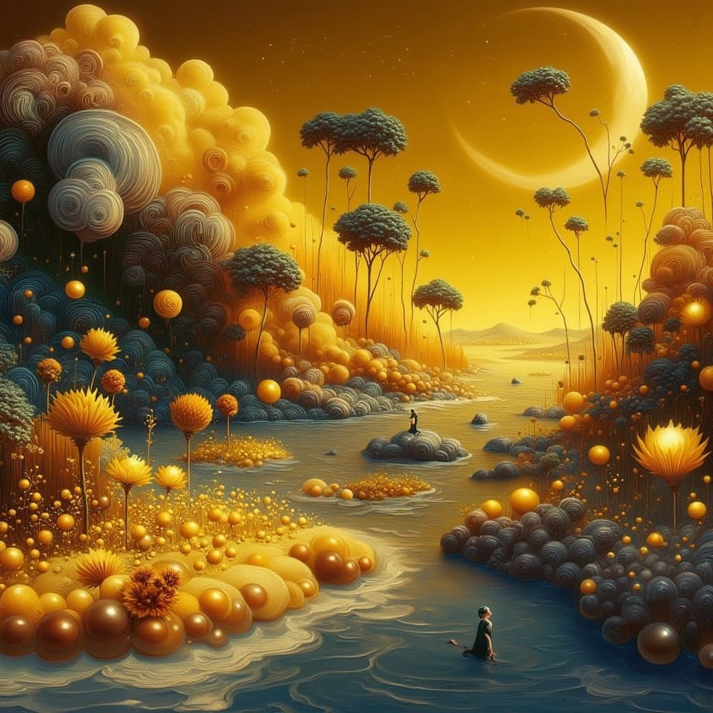 Elegant Woman by Lake in Surreal 3D Style