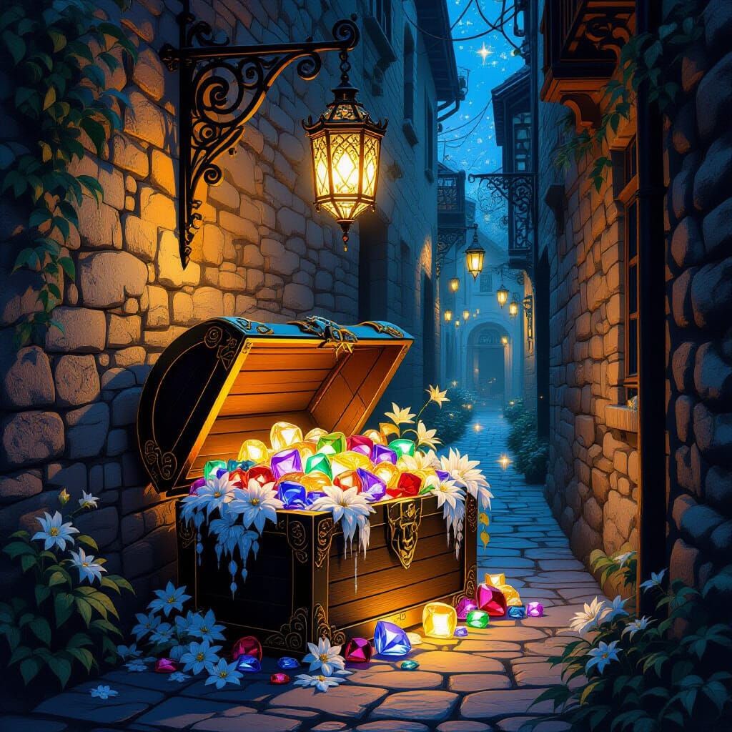 Enchanted Treasure Chest in Mystical Alleyway, Art Nouveau S...