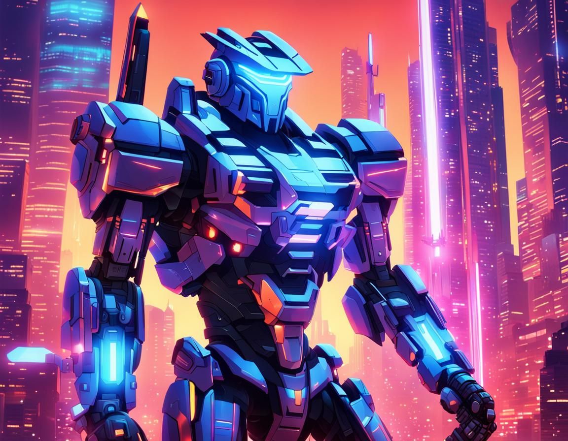 Mecha Warrior in Futuristic Anime Cityscape