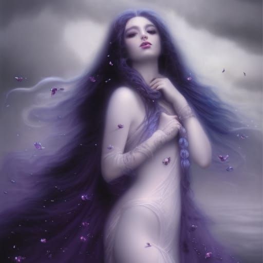 Ethereal gothic siren with long flowing purple hair with cob...
