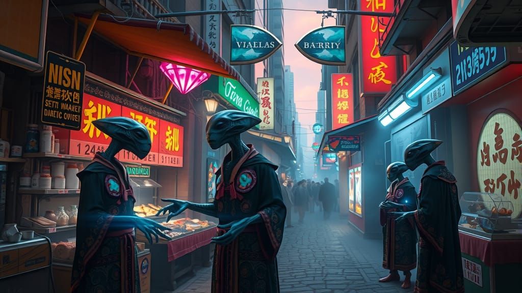 Bustling Alien Market at Twilight: Sci-Fi Digital Art