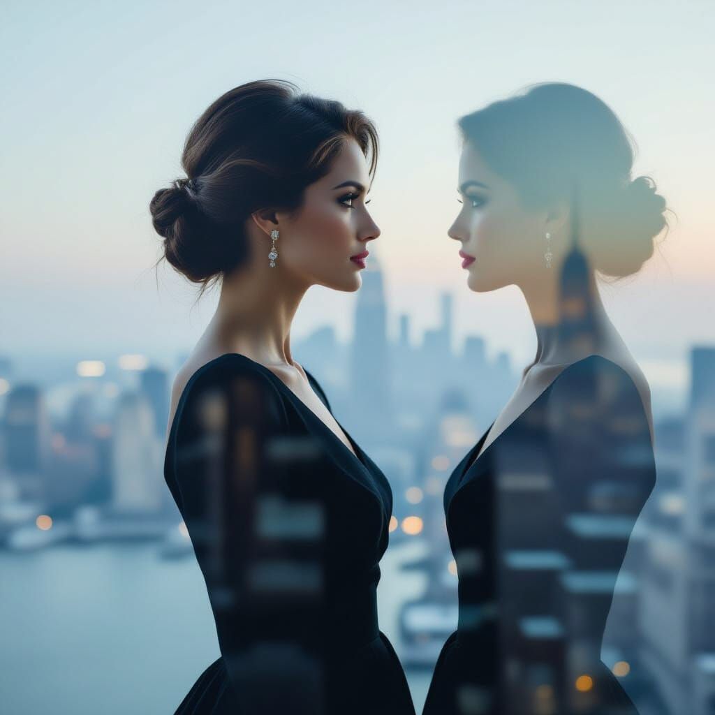 Elegant Woman's Silhouette in Surreal Cityscape