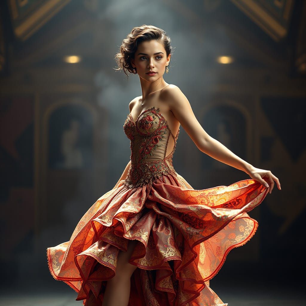 Elegant Cabaret Dancer in Vibrant Colors