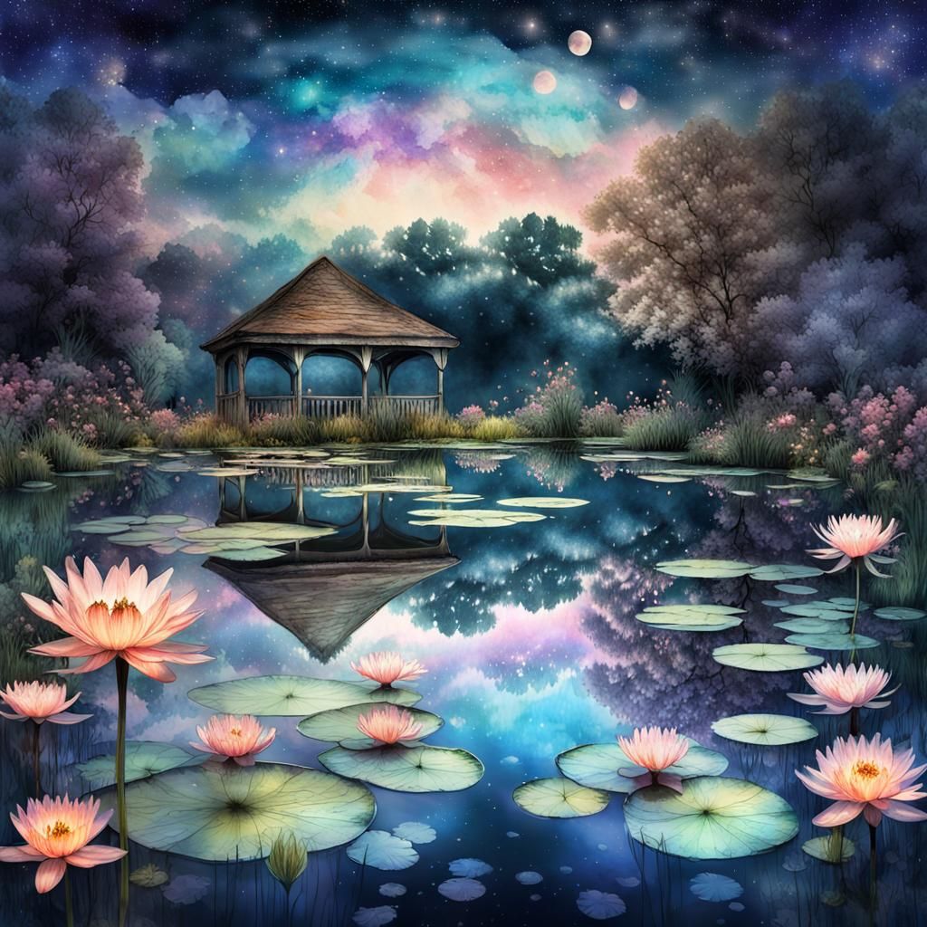 Gorgeous breathtaking nightsky reflecting in a calm Lilly po...