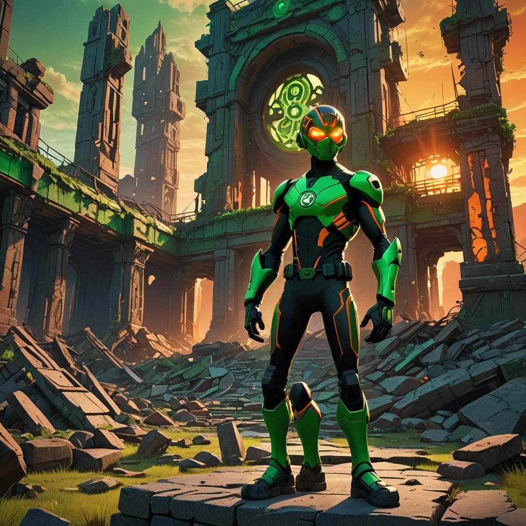 Ben 10 in Futuristic Ruins: Digital Matte Painting