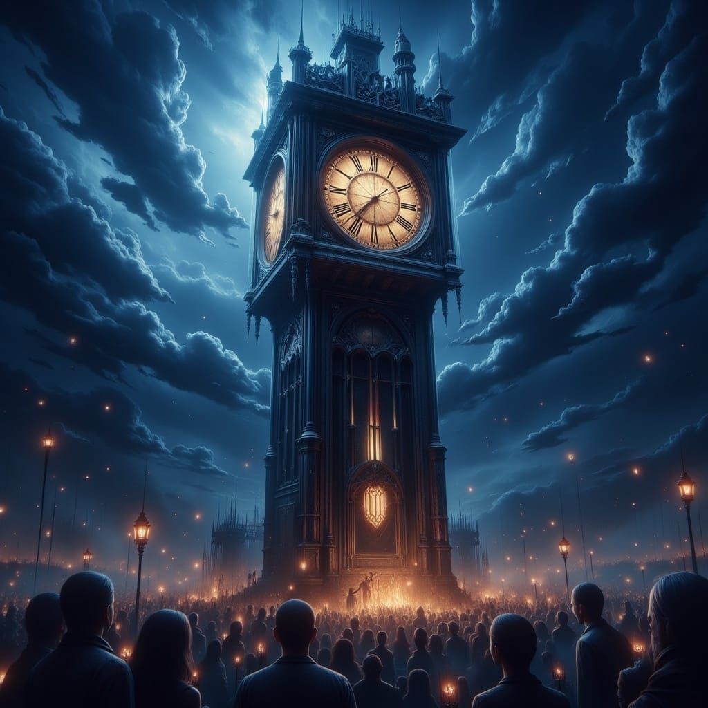 Giant Grandfather Clock Piercing Clouds Over Surreal Night P...