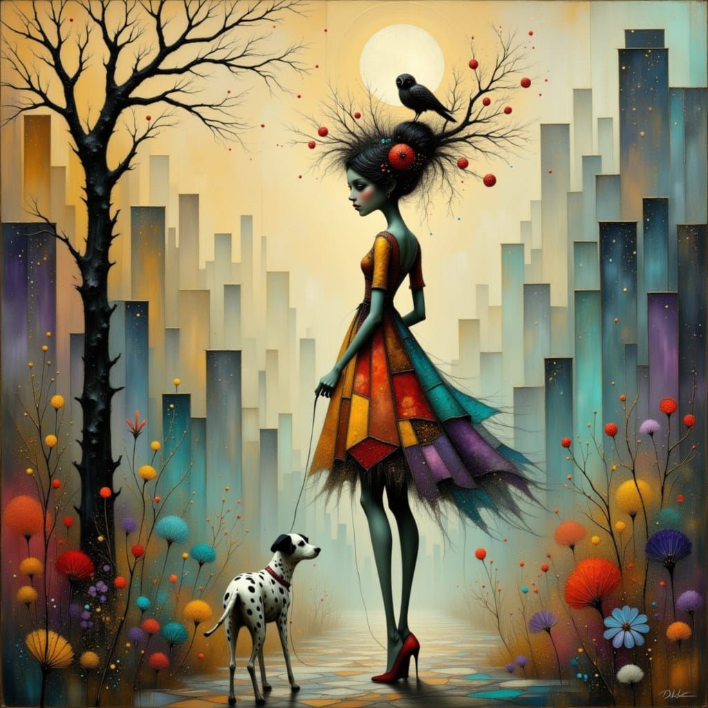 Whimsical Woman Walks Dalmatian in Misty Vibrant City