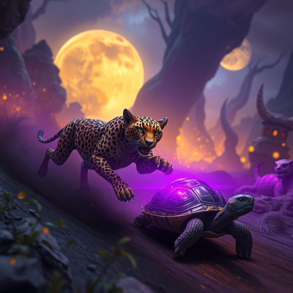 Cheetah and Tortoise Race in Dark Fantasy Realm