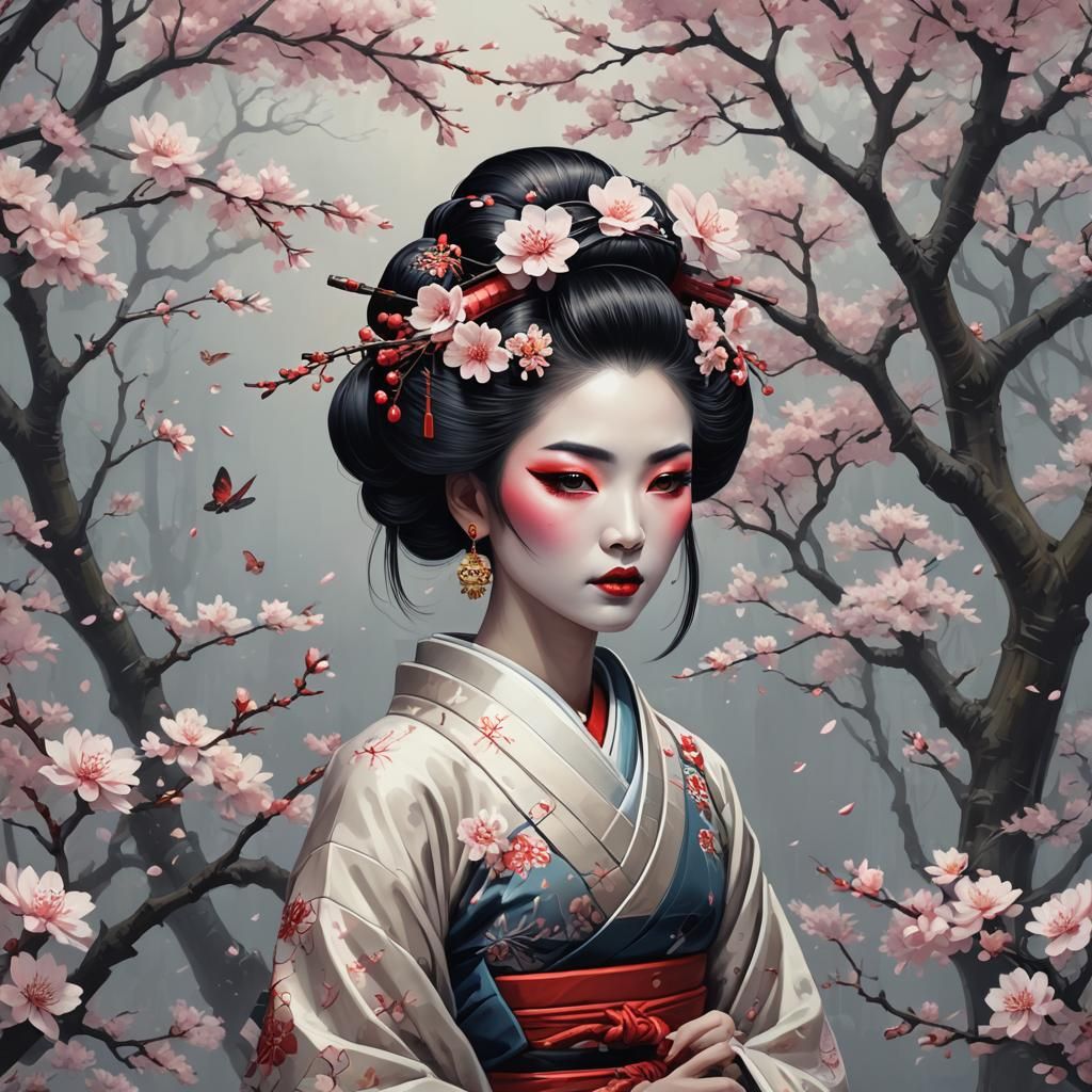 Pixel Art Geisha with Cherry Blossoms