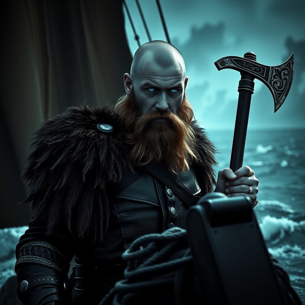 Film Noir Viking Warrior on Longship in Storm