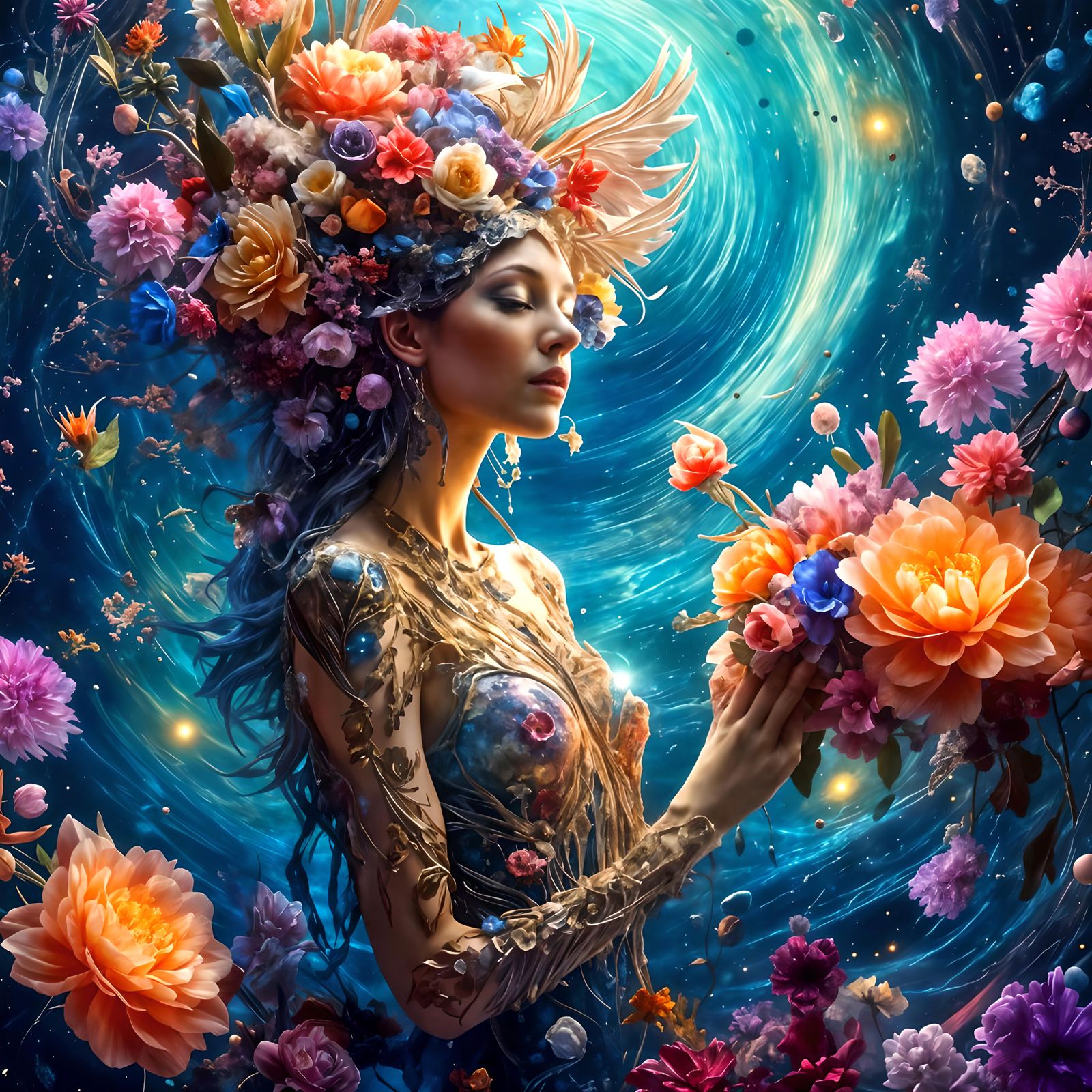 Cosmic Creation with Flowers and Nebulae