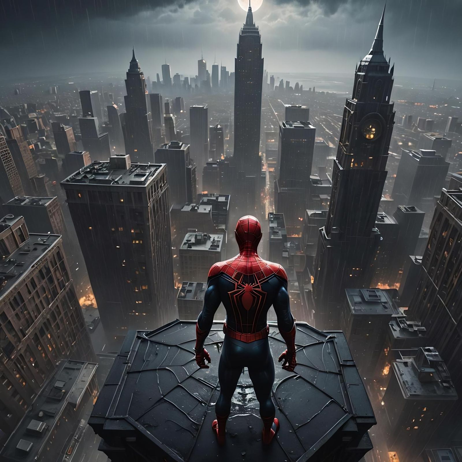 Black Spiderman on Tower in Rain, 3D Render
