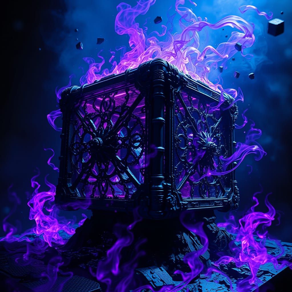 Dark Surreal Tesseract in Swirling Purple Flames