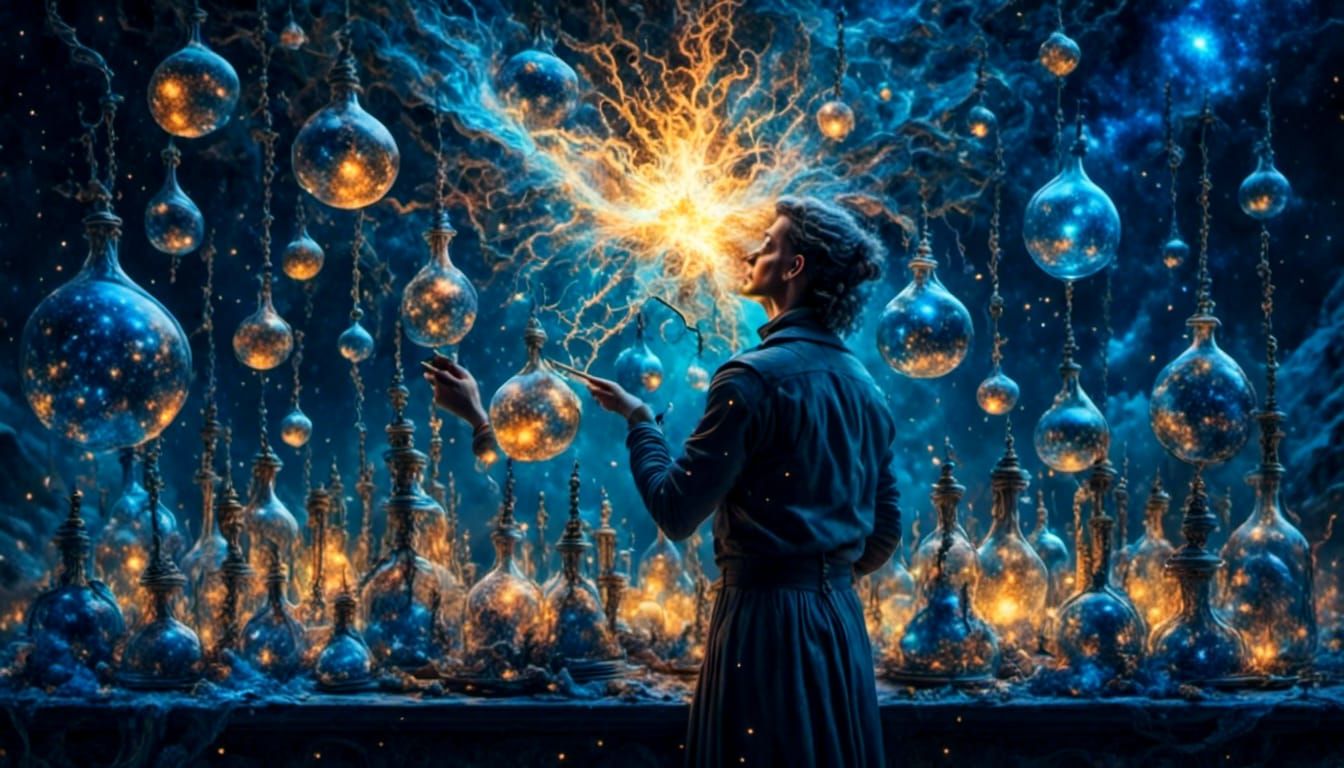 Surrealist Scientist in Laboratory of Electric Blue Sparks