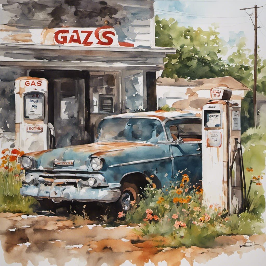 Watercolor Gas Station in Winslow Homer Style