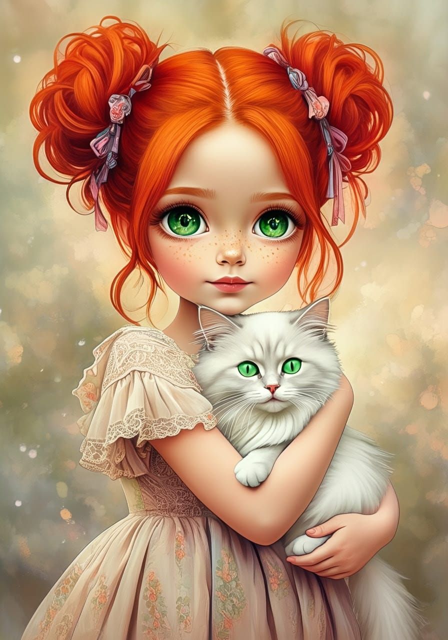 Whimsical Red-Haired Girl with Cat in Dreamy Art Nouveau Sty...