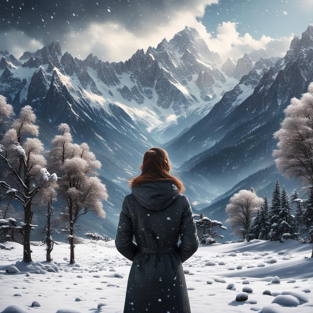 Girl Enjoys Snowfall in Mountain Landscape