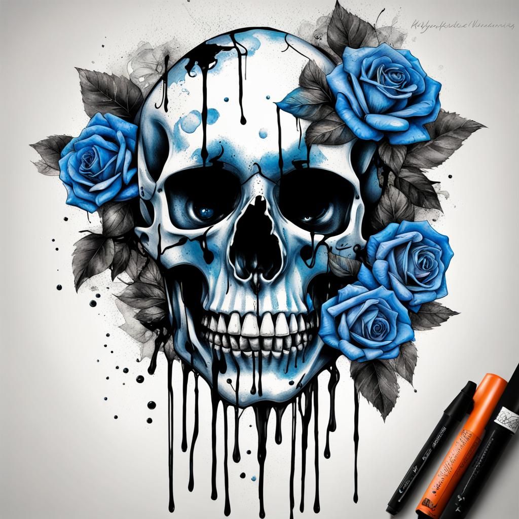 Realistic Skull Trash Polka Tattoo with Blue Roses