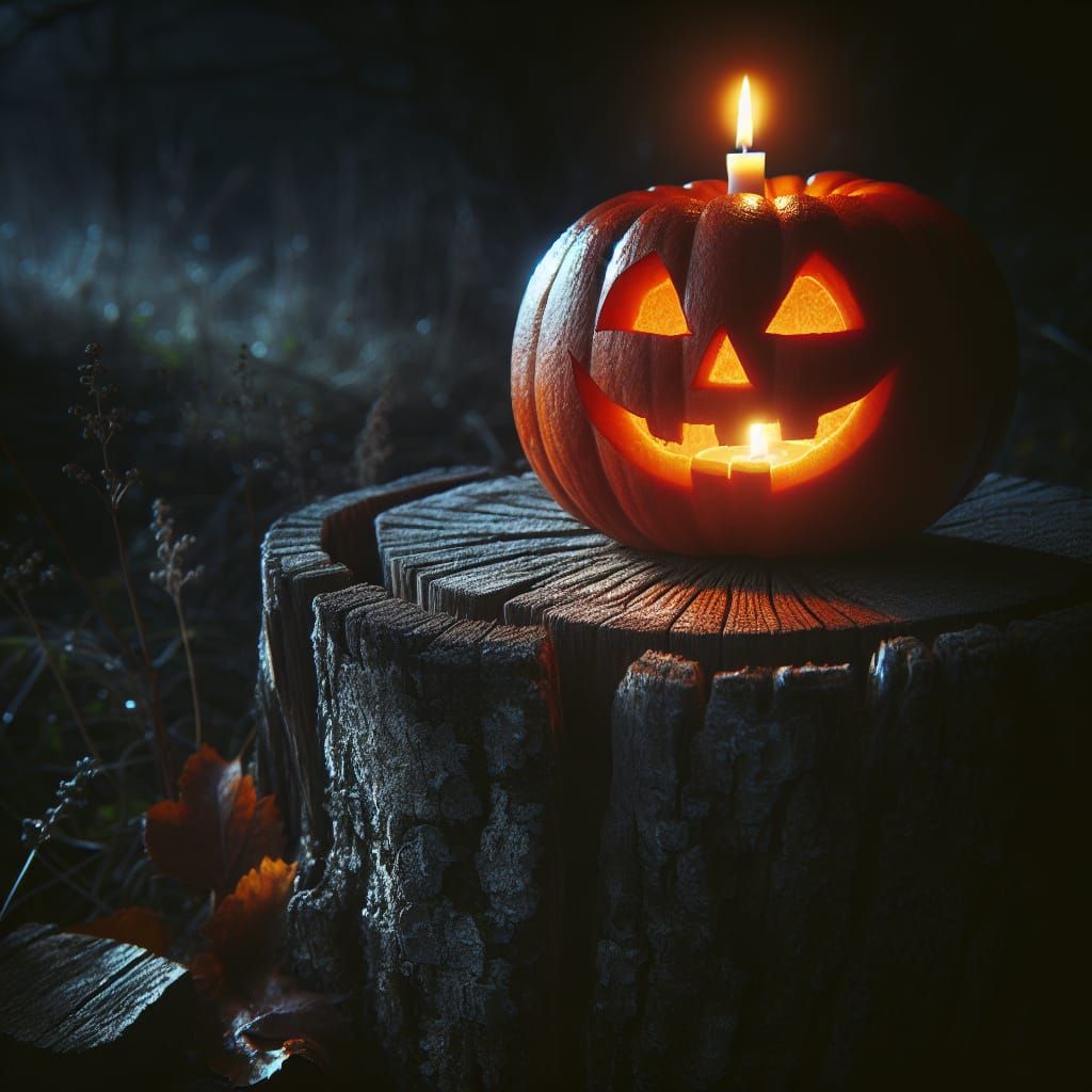 Glowing Halloween Pumpkin on a Dark Autumn Night