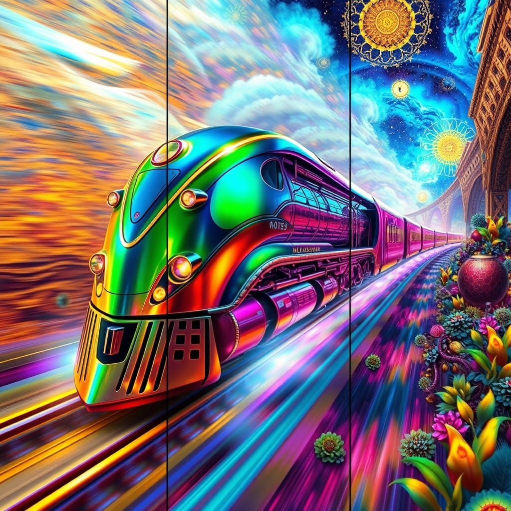 Ethereal Train Speeds Through Shimmering Landscape in Vibran...