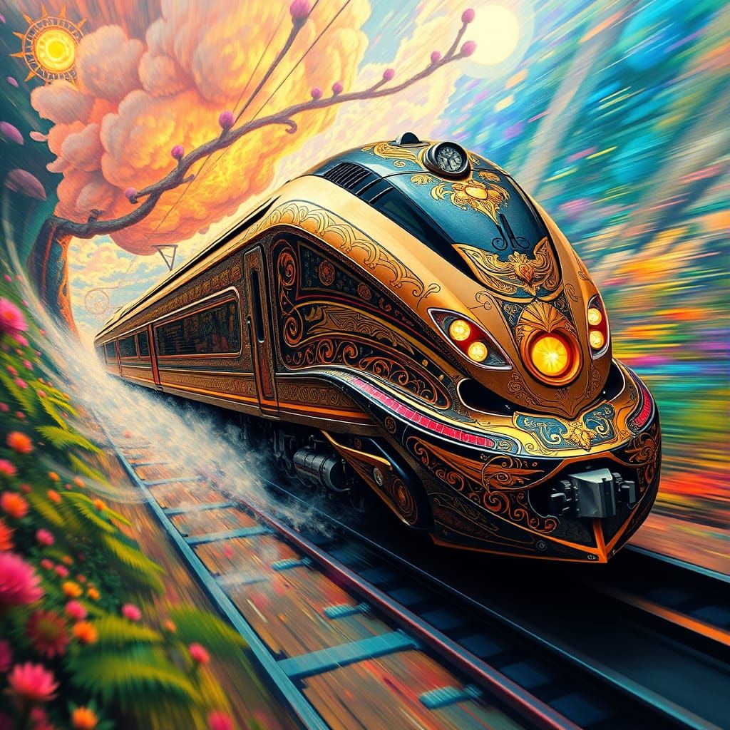 Vibrant Train Rushes Through Fantastical Landscape