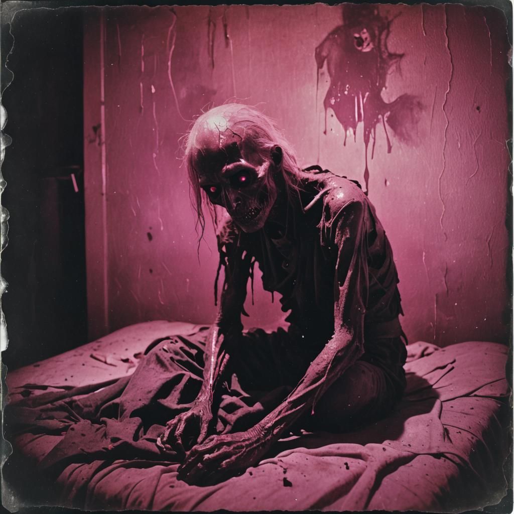Emaciated Ghoul's Insomnia in Surrealist Polaroid