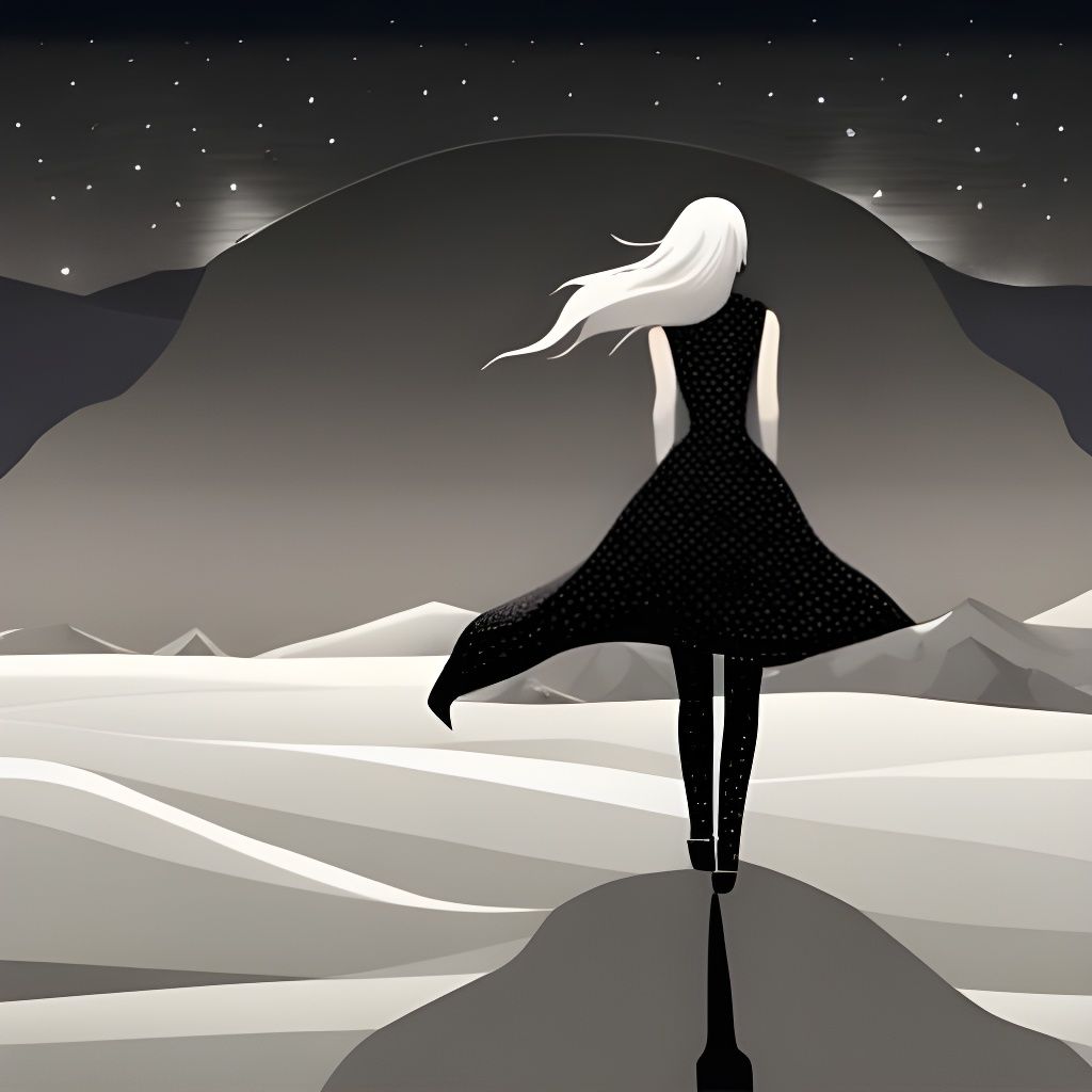 Pixel Art Girl in Monochromatic Starry Moonscape