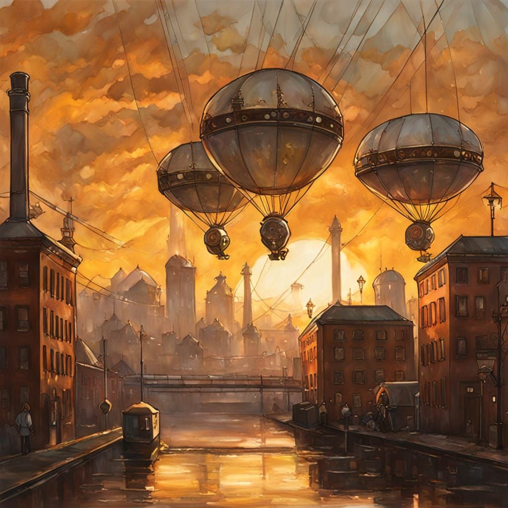 Steampunk Autumn Cityscape with Airships