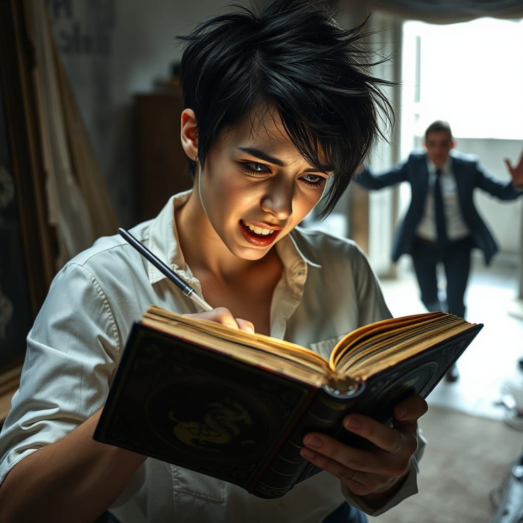 Frantic Woman Writes in Glowing Book