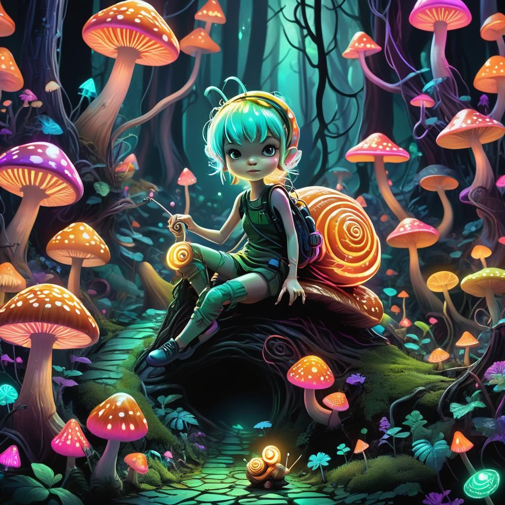 Creepy Pixie Rides Snail in Neon Mushroom Forest